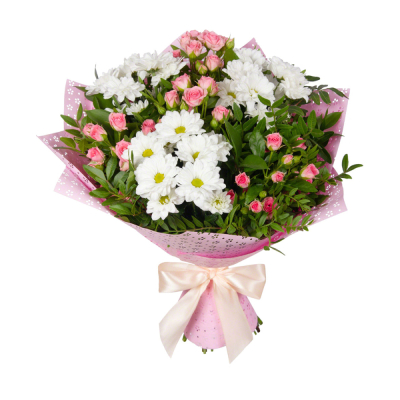 Букет «Волшебный сад» – гармония кустовых роз и белоснежных хризантем Красный Кут Саратовская область